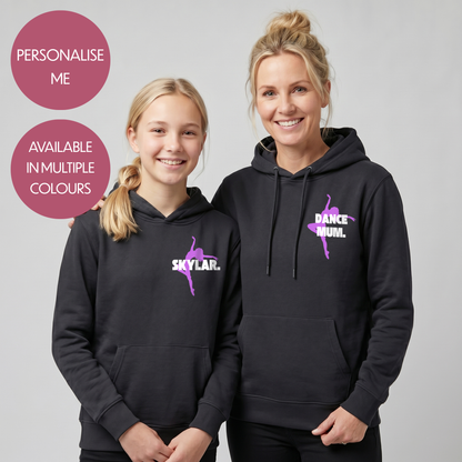 Personalised Dance Mum Dad Hoodie - Customised Unisex Adults Dancing Support Pullover - Varsity Style Competition Jumper
