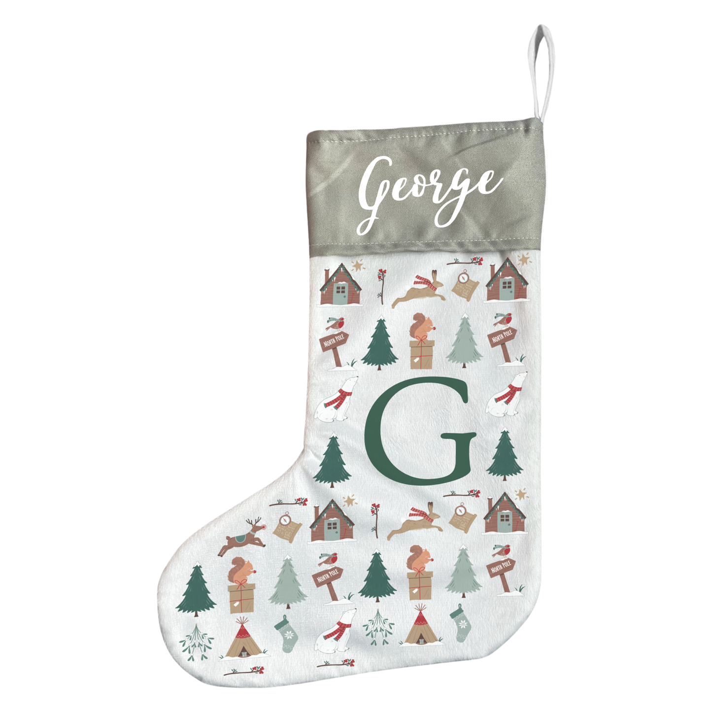 Patterned Festive Forest Stocking With Initial