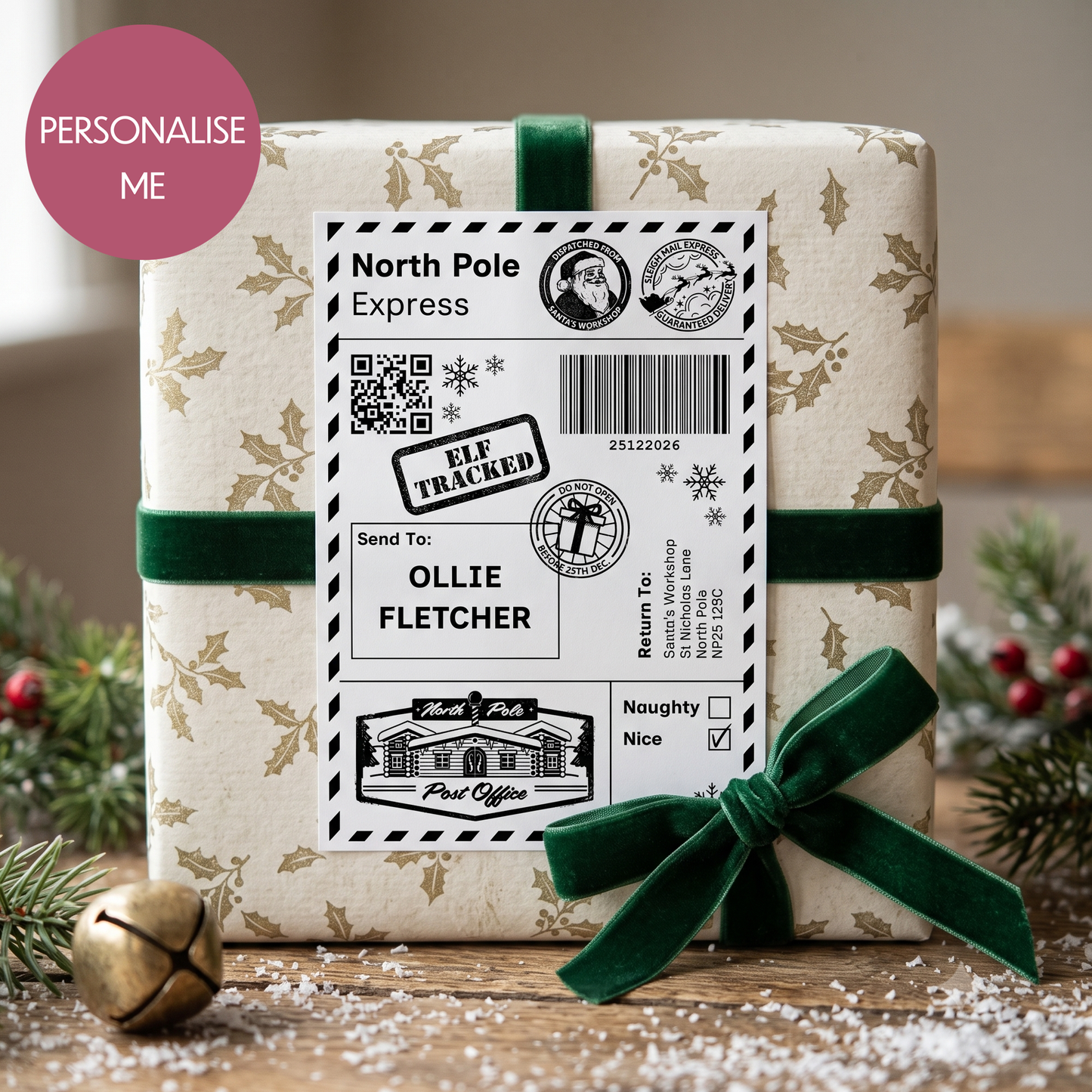 Personalised North Pole Christmas Postage Label Sticker - Add Your Name Gift Tag - Custom Giftwrap Idea