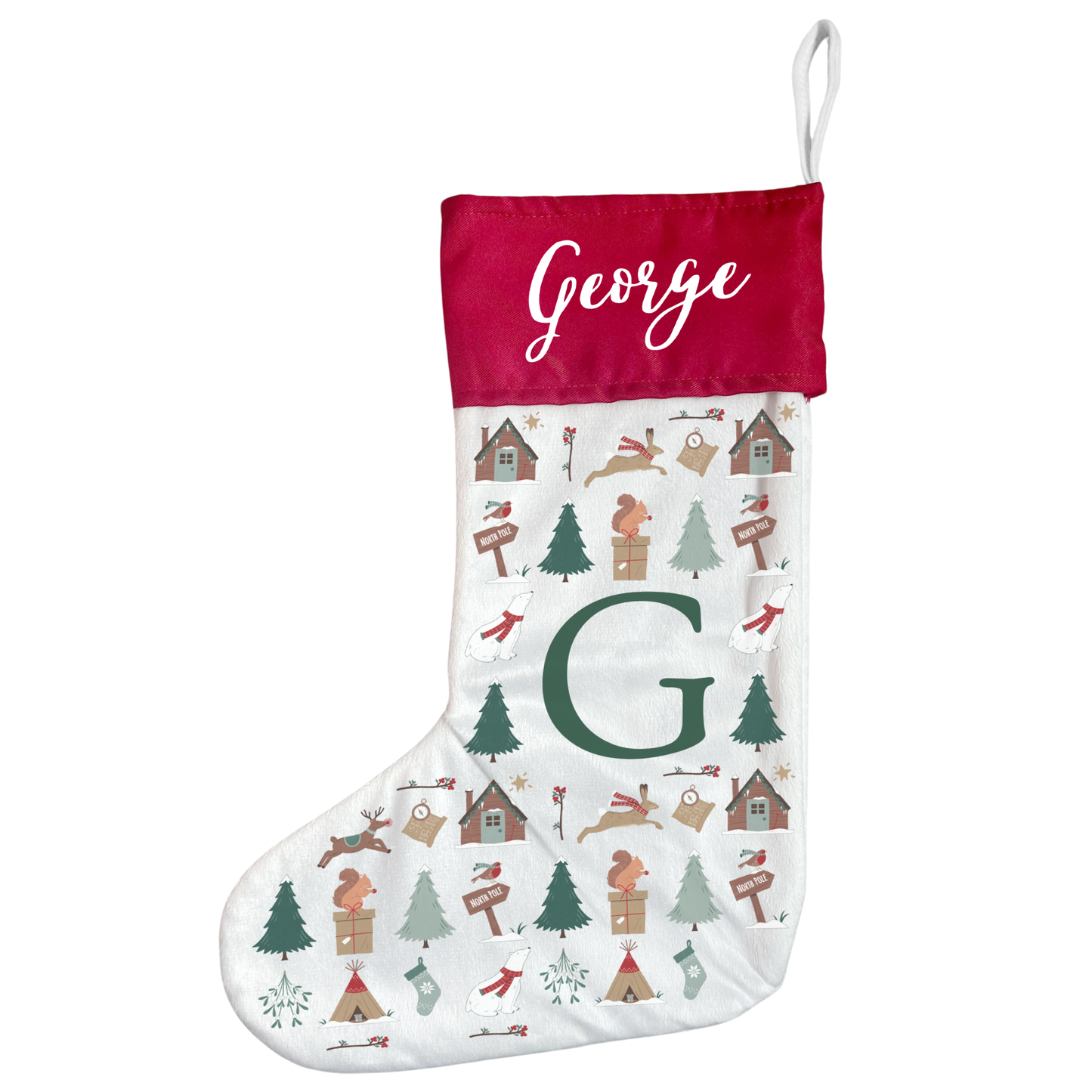 Patterned Festive Forest Stocking With Initial