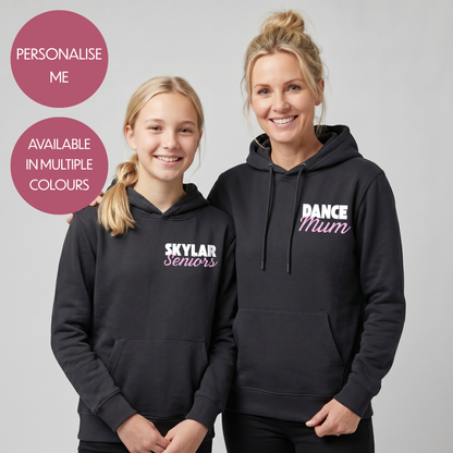 Personalised Dance Mum Dad Hoodie - Customised Unisex Adults Dancing Support Pullover - Varsity Style Competition Jumper