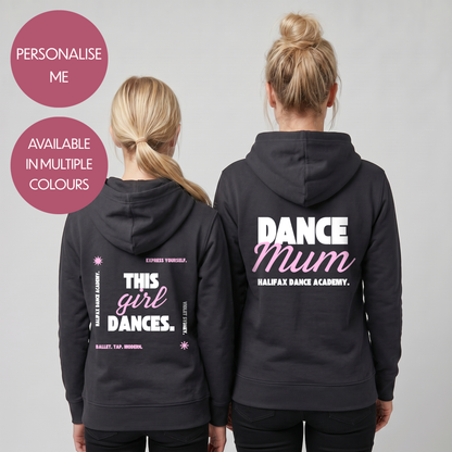 Personalised Dance Mum Dad Hoodie - Customised Unisex Adults Dancing Support Pullover - Varsity Style Competition Jumper
