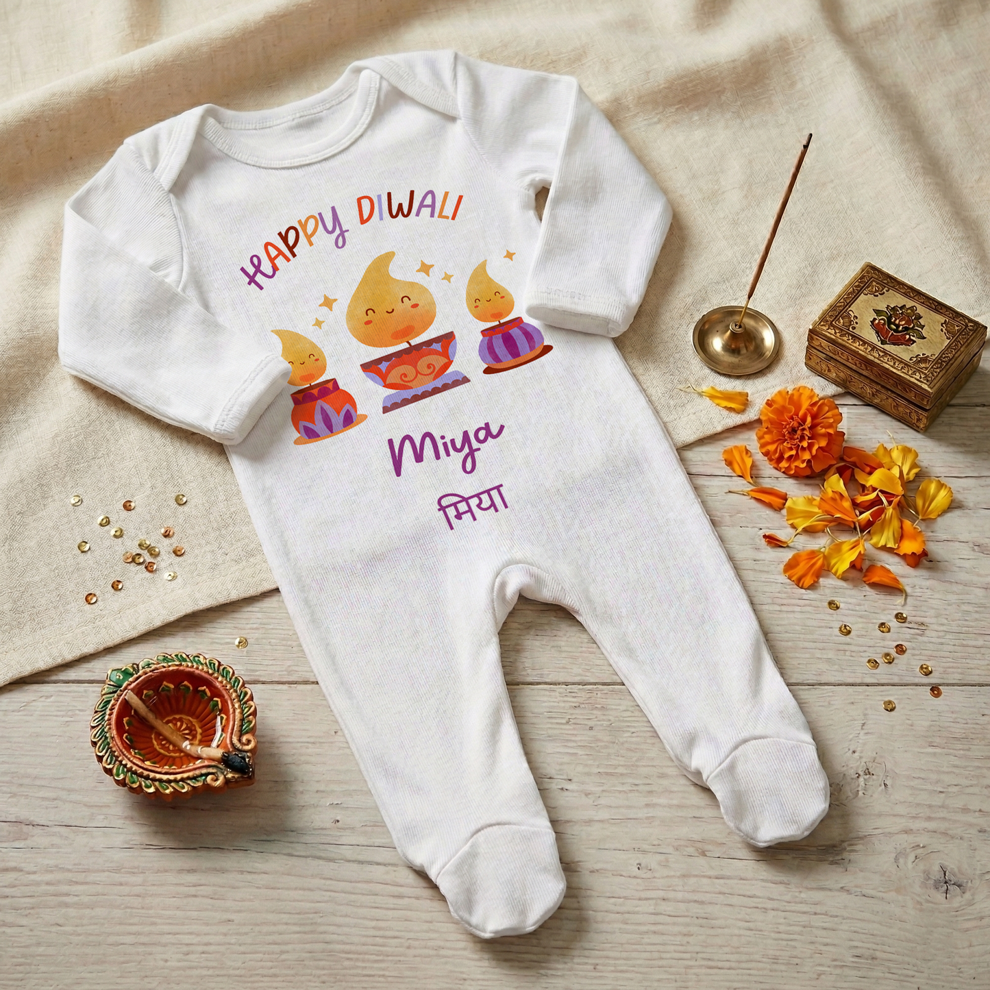 Personalised My First Diwali Babygrow - Happy Diwali - Cultural Spiritual Infant Romper suit