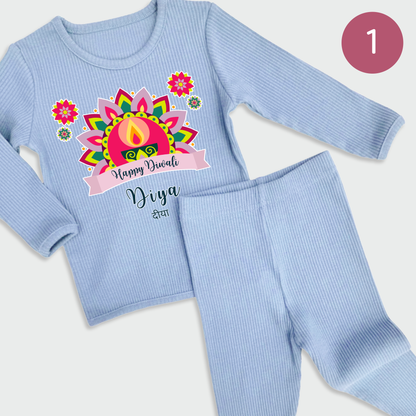 Personalised Happy Diwali Ribbed Lounge Set - Kids & Adults - Matching Family Spiritual Pyjamas - Bold Mandala Design