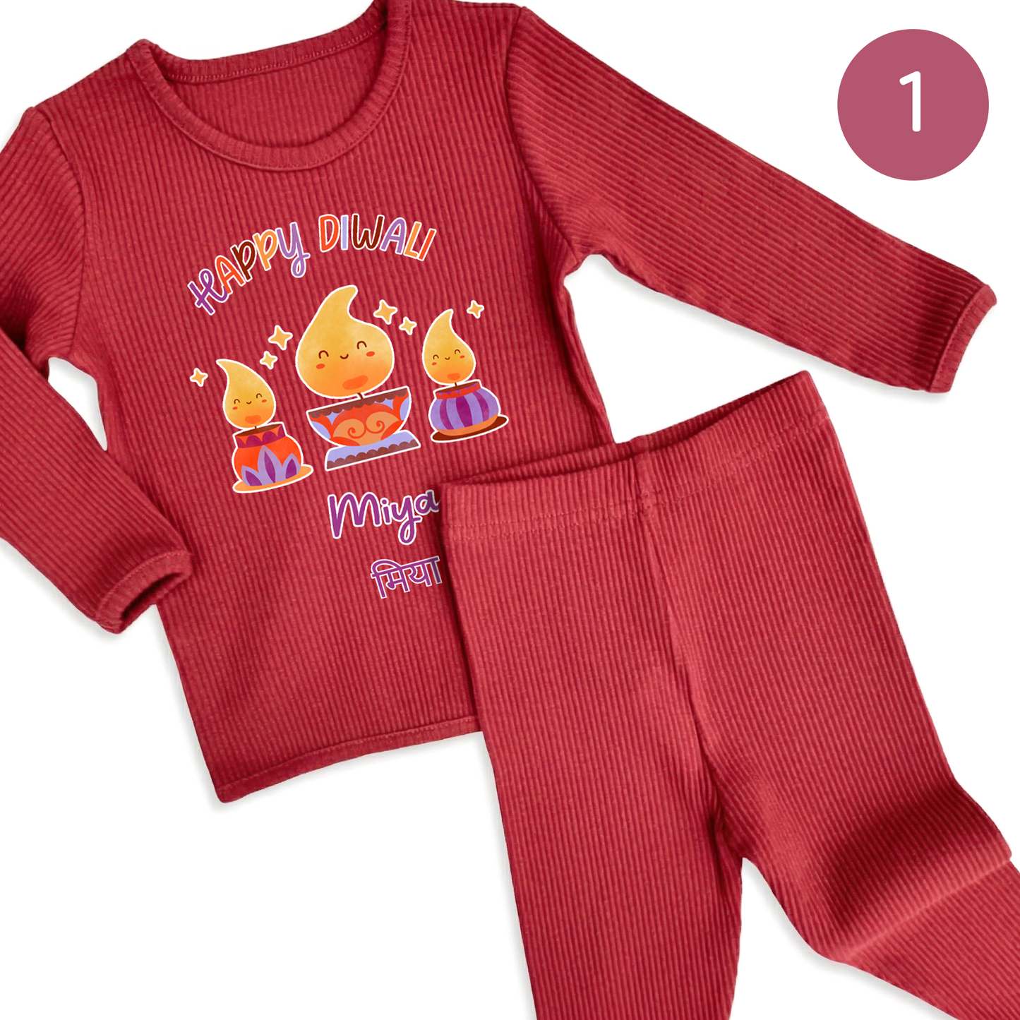 Personalised Happy Diwali Ribbed Lounge Set - Kids & Adults - Matching Family Spiritual Pyjamas - Diya Design