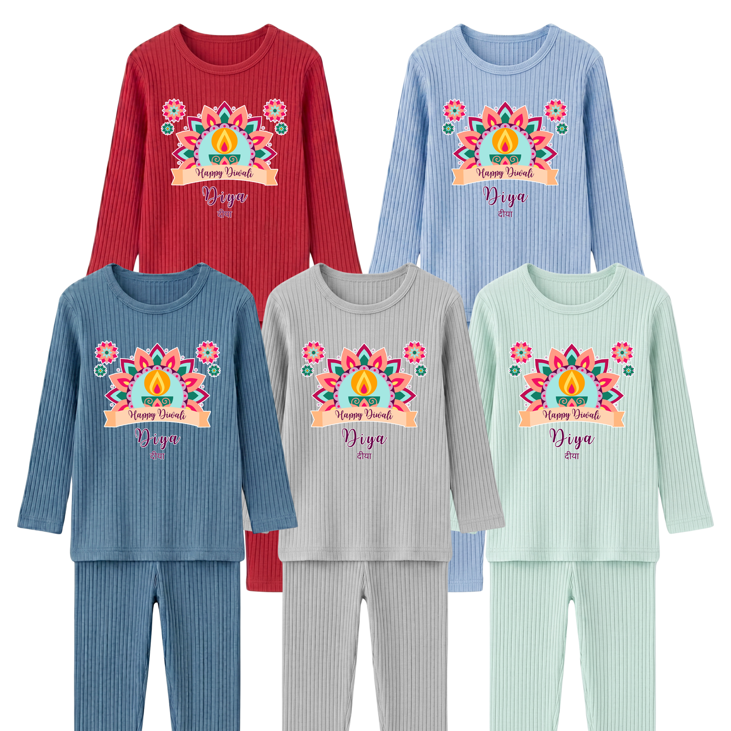 Personalised Happy Diwali Ribbed Lounge Set - Kids & Adults - Matching Family Spiritual Pyjamas - Pastel Mandala Design