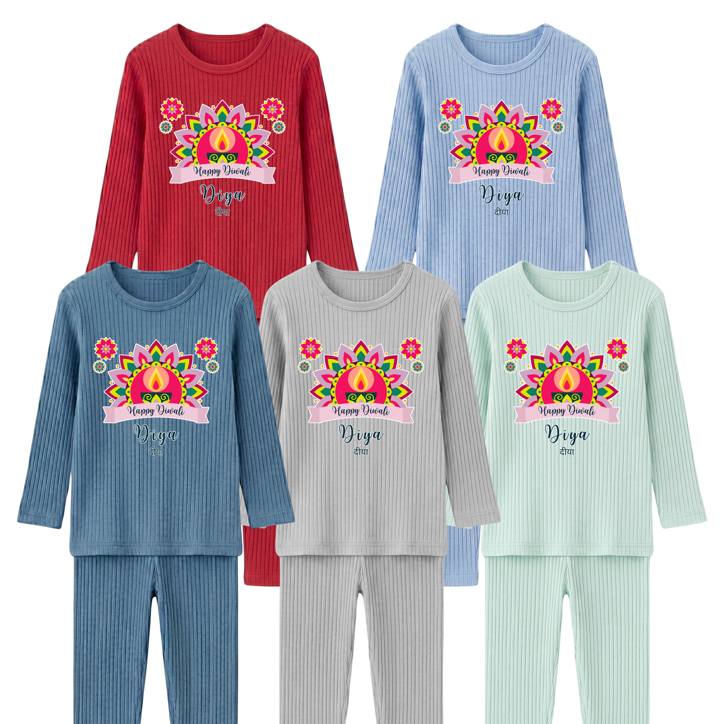 Personalised Happy Diwali Ribbed Lounge Set - Kids & Adults - Matching Family Spiritual Pyjamas - Bold Mandala Design