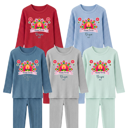 Personalised Happy Diwali Ribbed Lounge Set - Kids & Adults - Matching Family Spiritual Pyjamas - Bold Mandala Design