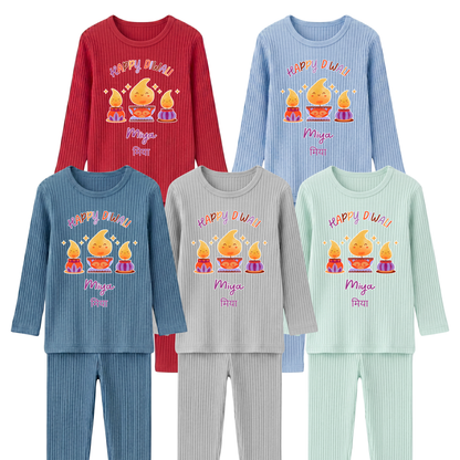 Personalised Happy Diwali Ribbed Lounge Set - Kids & Adults - Matching Family Spiritual Pyjamas - Diya Design