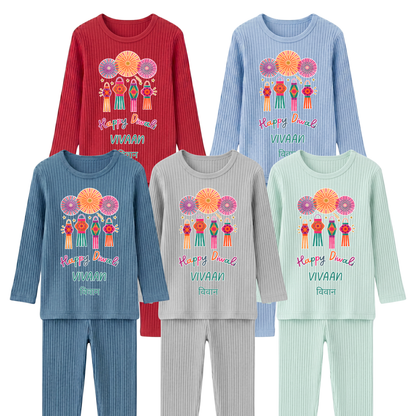 Personalised Happy Diwali Ribbed Lounge Set - Kids & Adults - Matching Family Spiritual Pyjamas - Lanterns Design