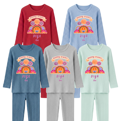 Personalised Happy Diwali Ribbed Lounge Set - Kids & Adults - Matching Family Spiritual Pyjamas - Fireworks Design