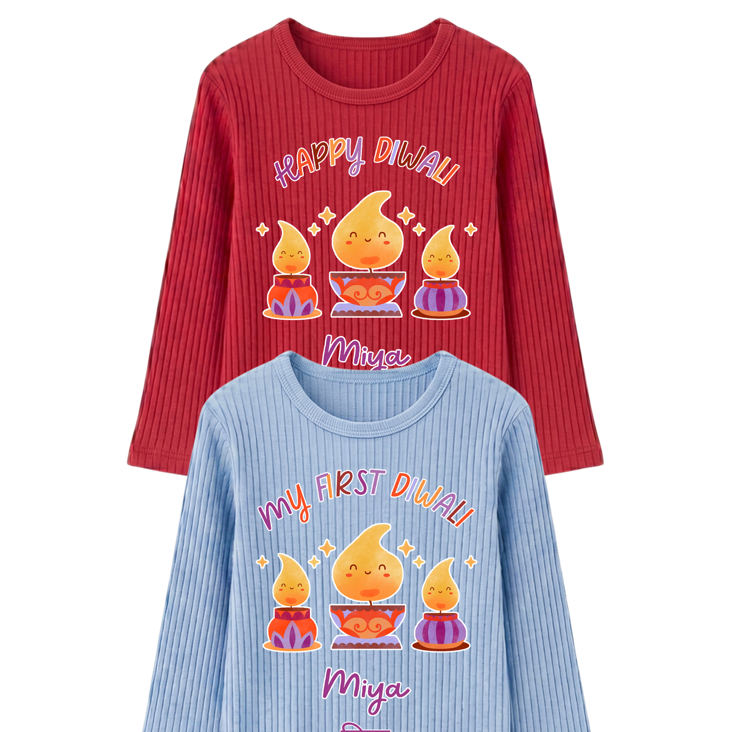 Personalised Happy Diwali Ribbed Lounge Set - Kids & Adults - Matching Family Spiritual Pyjamas - Diya Design