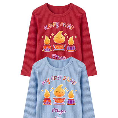 Personalised Happy Diwali Ribbed Lounge Set - Kids & Adults - Matching Family Spiritual Pyjamas - Diya Design
