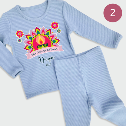 Personalised Happy Diwali Ribbed Lounge Set - Kids & Adults - Matching Family Spiritual Pyjamas - Bold Mandala Design