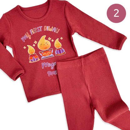 Personalised Happy Diwali Ribbed Lounge Set - Kids & Adults - Matching Family Spiritual Pyjamas - Diya Design