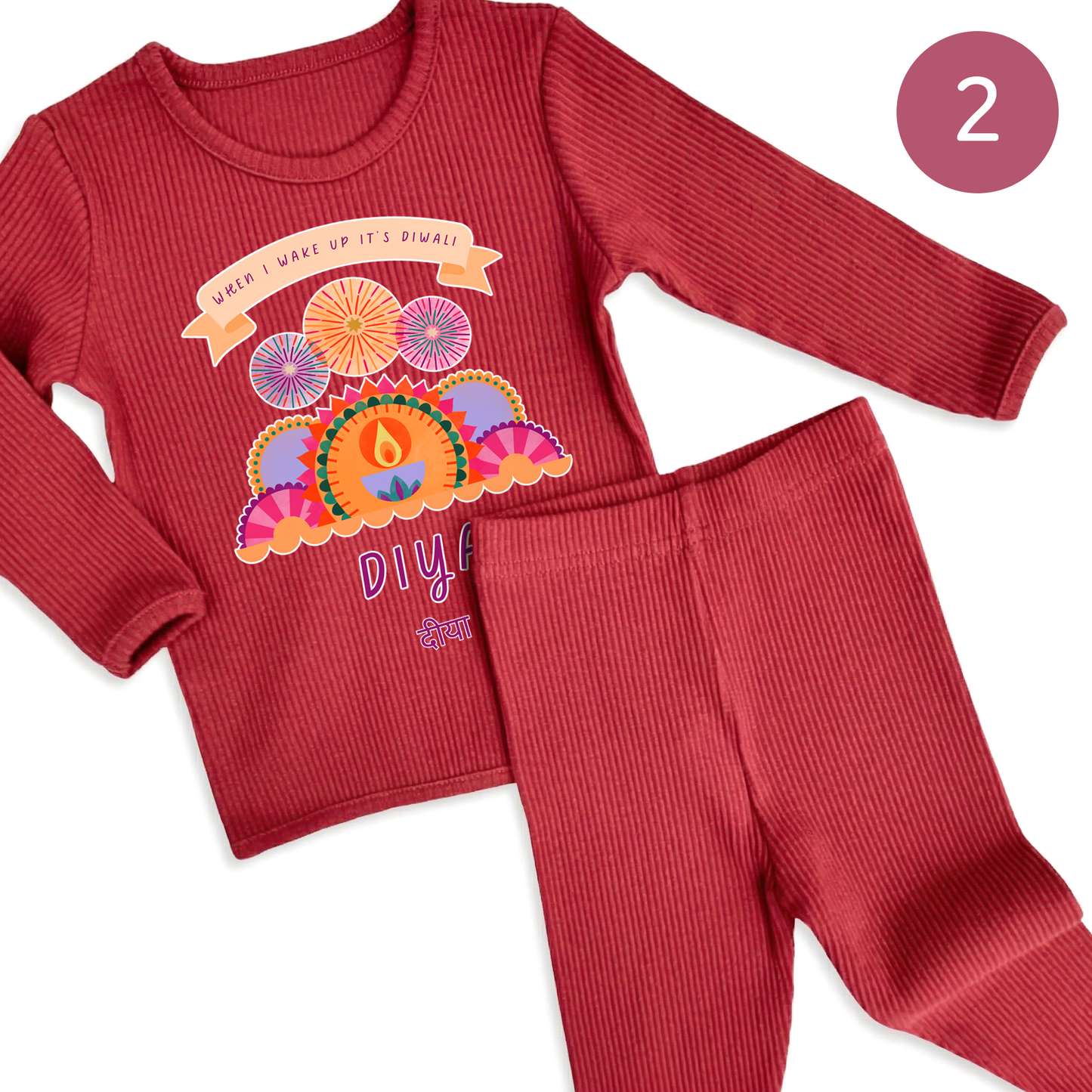 Personalised Happy Diwali Ribbed Lounge Set - Kids & Adults - Matching Family Spiritual Pyjamas - Fireworks Design