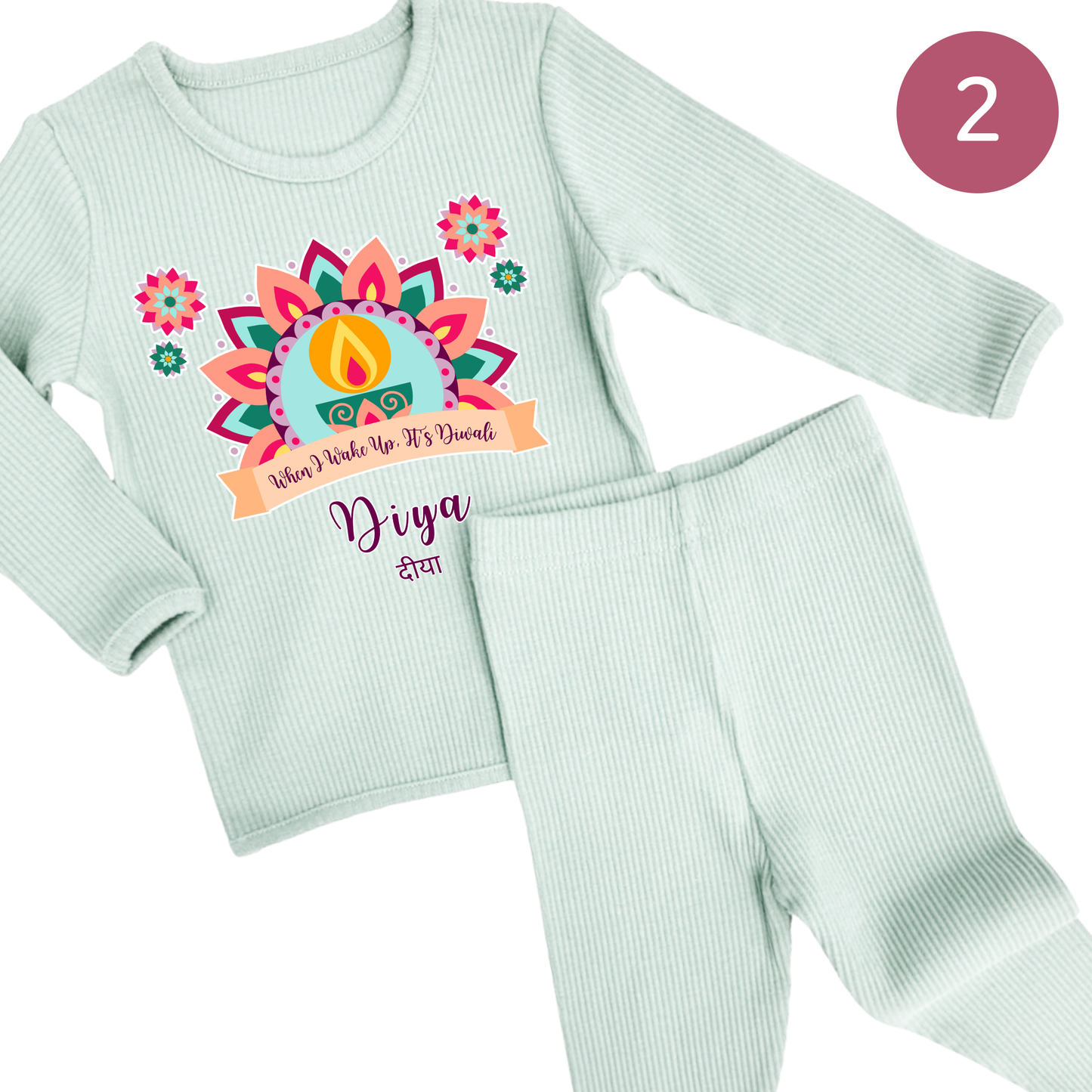 Personalised Happy Diwali Ribbed Lounge Set - Kids & Adults - Matching Family Spiritual Pyjamas - Pastel Mandala Design
