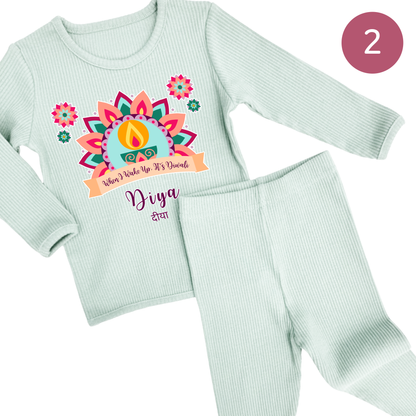 Personalised Happy Diwali Ribbed Lounge Set - Kids & Adults - Matching Family Spiritual Pyjamas - Pastel Mandala Design