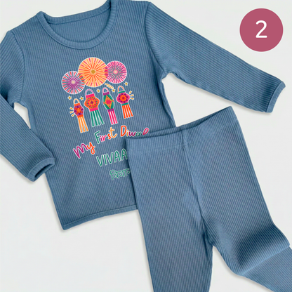 Personalised Happy Diwali Ribbed Lounge Set - Kids & Adults - Matching Family Spiritual Pyjamas - Lanterns Design