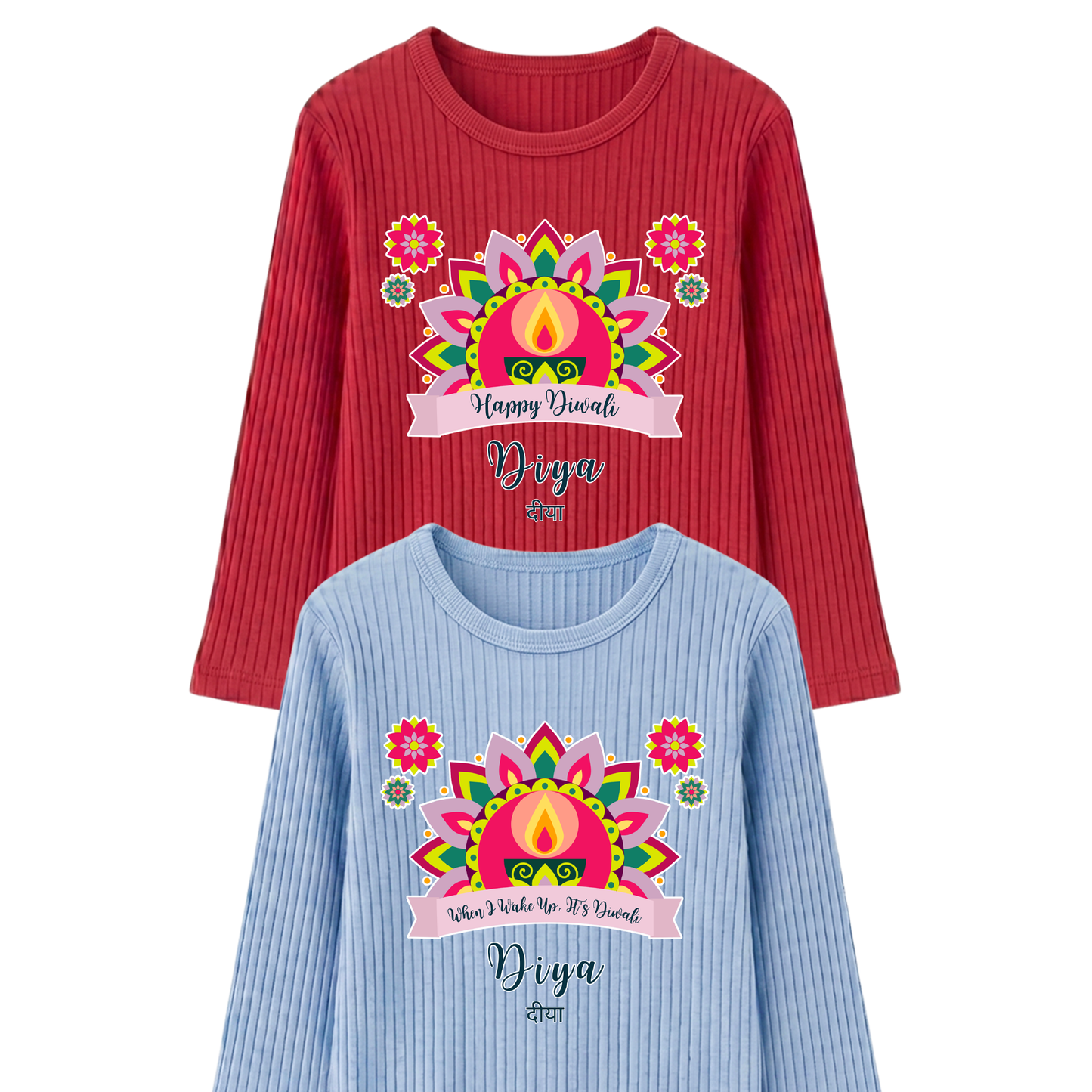 Personalised Happy Diwali Ribbed Lounge Set - Kids & Adults - Matching Family Spiritual Pyjamas - Bold Mandala Design