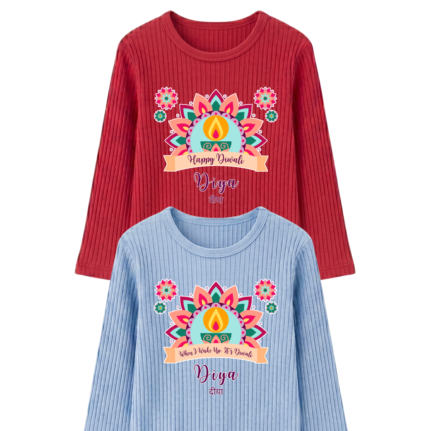 Personalised Happy Diwali Ribbed Lounge Set - Kids & Adults - Matching Family Spiritual Pyjamas - Pastel Mandala Design
