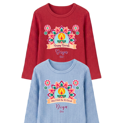 Personalised Happy Diwali Ribbed Lounge Set - Kids & Adults - Matching Family Spiritual Pyjamas - Pastel Mandala Design