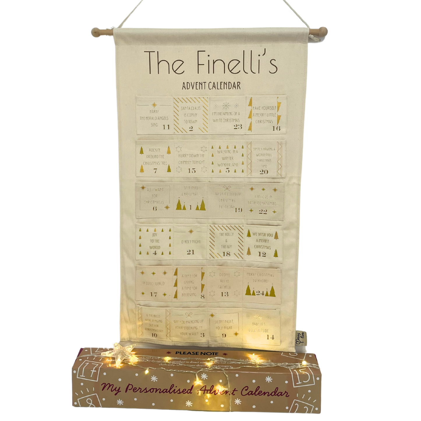 Custom Christmas song advent calendar with family name on fabric design