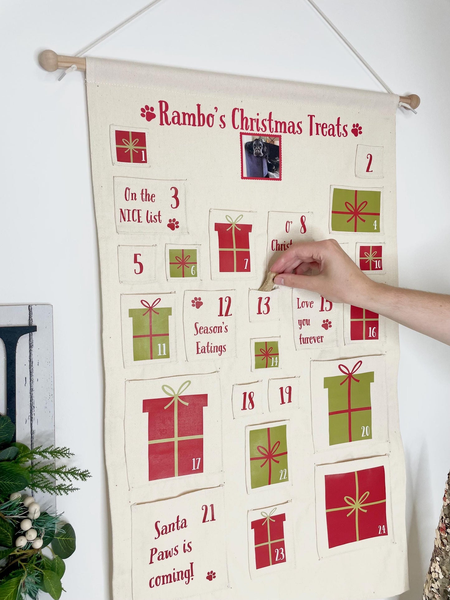 Custom dog advent calendar featuring pet name embroidered on canvas