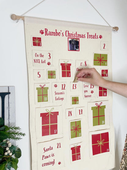 Custom dog advent calendar featuring pet name embroidered on canvas