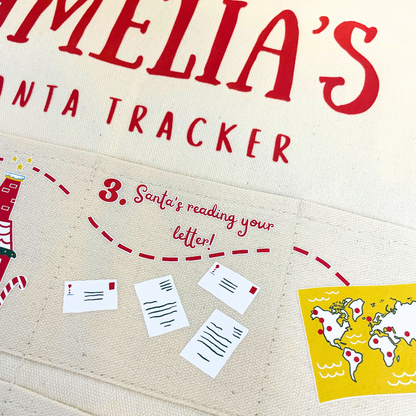 Customised Santa Tracker advent calendar showing a family's name embroidered at the top.
