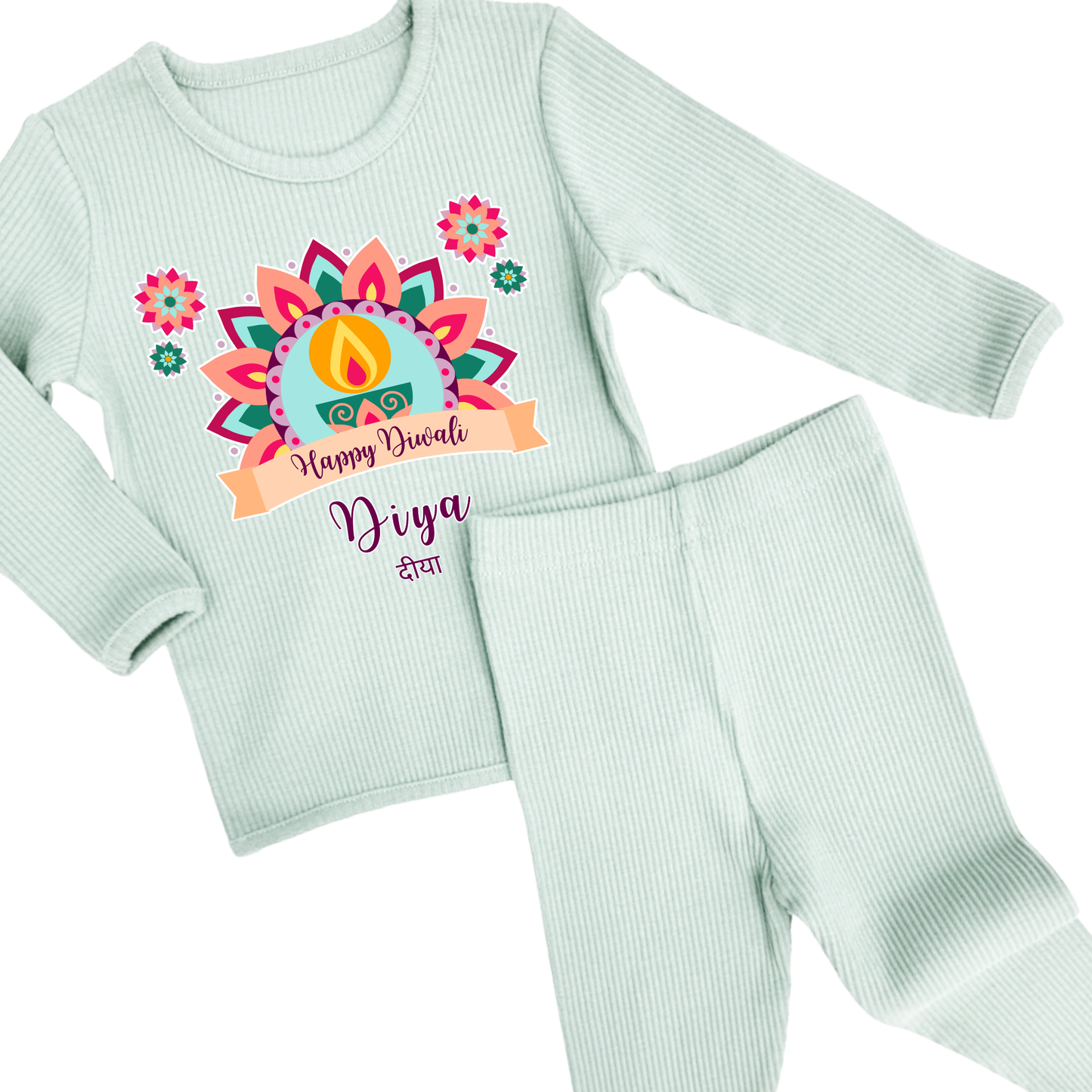 Personalised Happy Diwali Ribbed Lounge Set - Kids & Adults - Matching Family Spiritual Pyjamas - Pastel Mandala Design