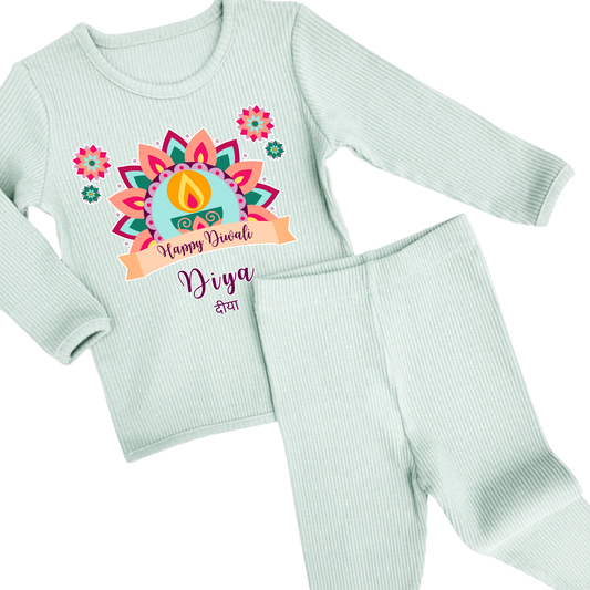 Personalised Happy Diwali Ribbed Lounge Set - Kids & Adults - Matching Family Spiritual Pyjamas - Pastel Mandala Design