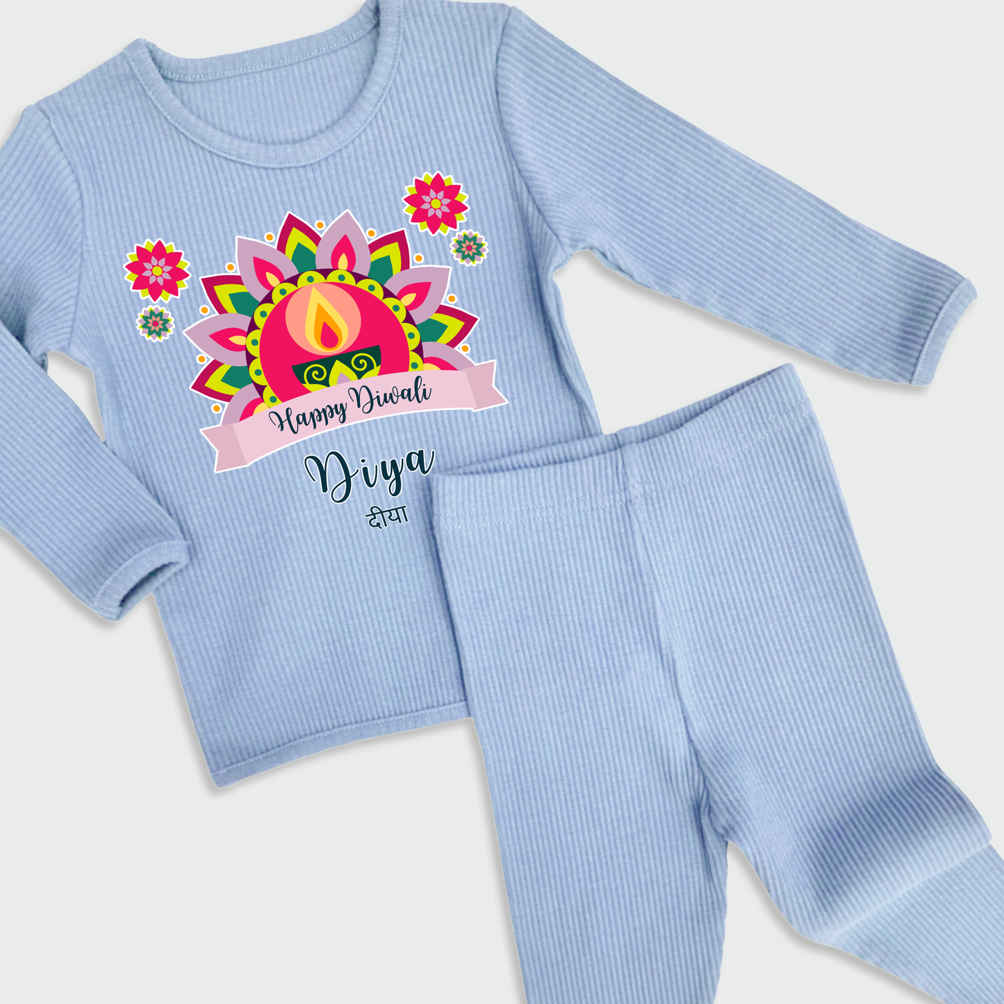 Personalised Happy Diwali Ribbed Lounge Set - Kids & Adults - Matching Family Spiritual Pyjamas - Bold Mandala Design