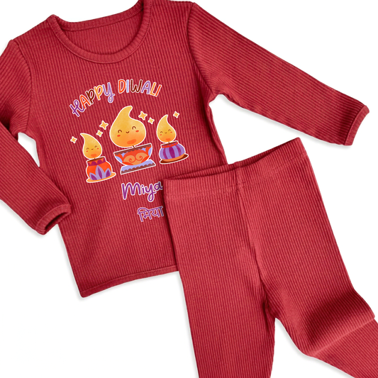 Personalised Happy Diwali Ribbed Lounge Set - Kids & Adults - Matching Family Spiritual Pyjamas - Diya Design