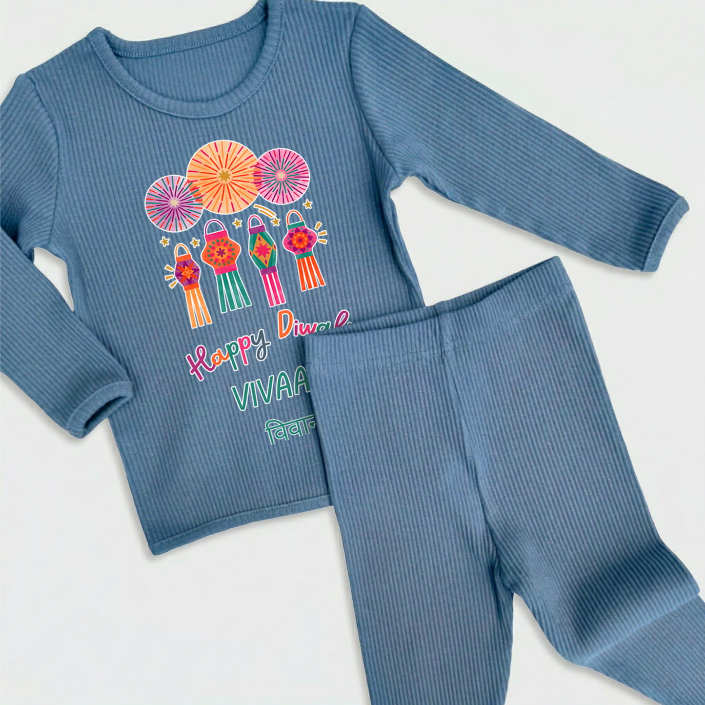 Personalised Happy Diwali Ribbed Lounge Set - Kids & Adults - Matching Family Spiritual Pyjamas - Lanterns Design