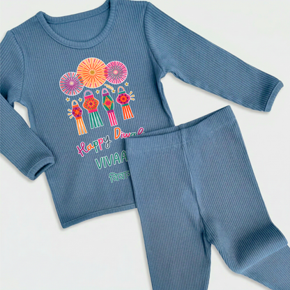 Personalised Happy Diwali Ribbed Lounge Set - Kids & Adults - Matching Family Spiritual Pyjamas - Lanterns Design