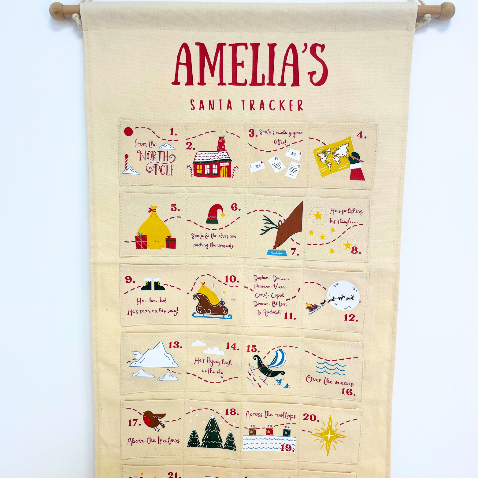 Front view of the personalised advent calendar, highlighting the wooden stick for hanging.