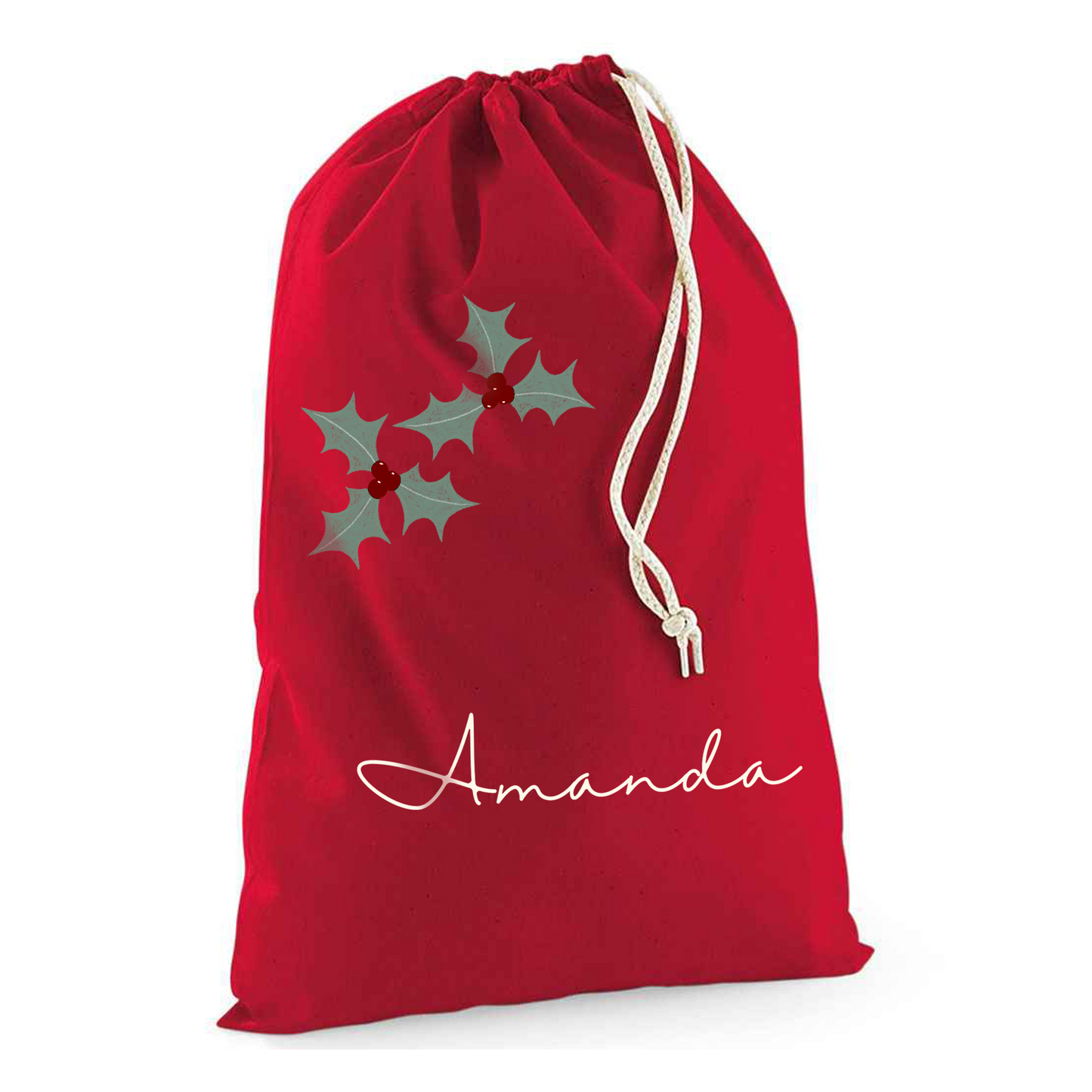 Personalised Holly Sack with Christmas Gifts 100% Cotton