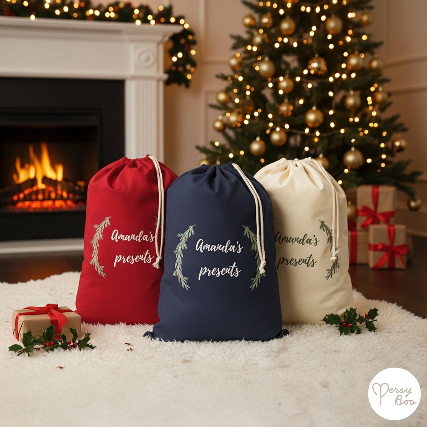 Personalised Wreath Sack with Christmas Gifts 100% Cotton