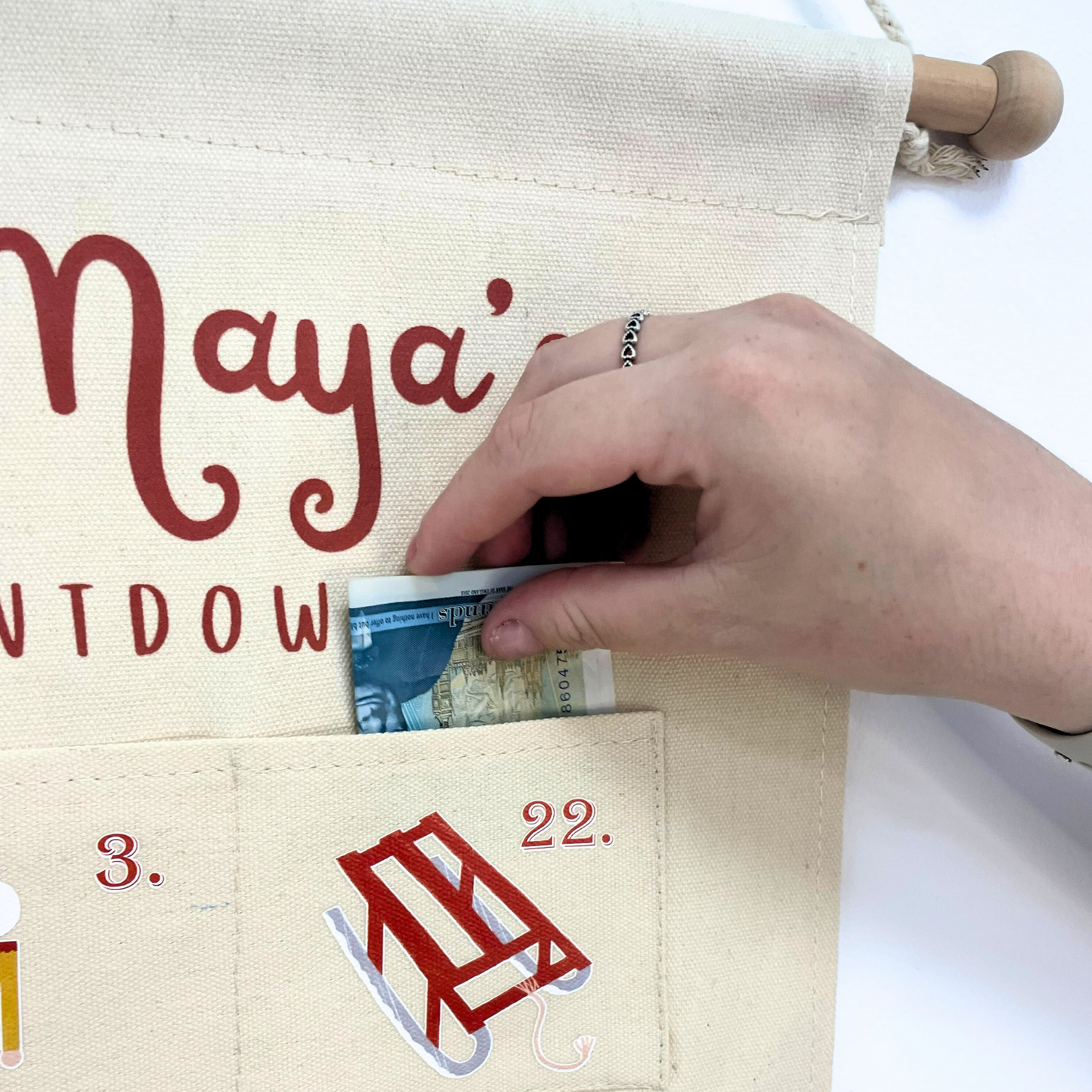 Luxury handmade Christmas countdown calendar with wooden hanging rod