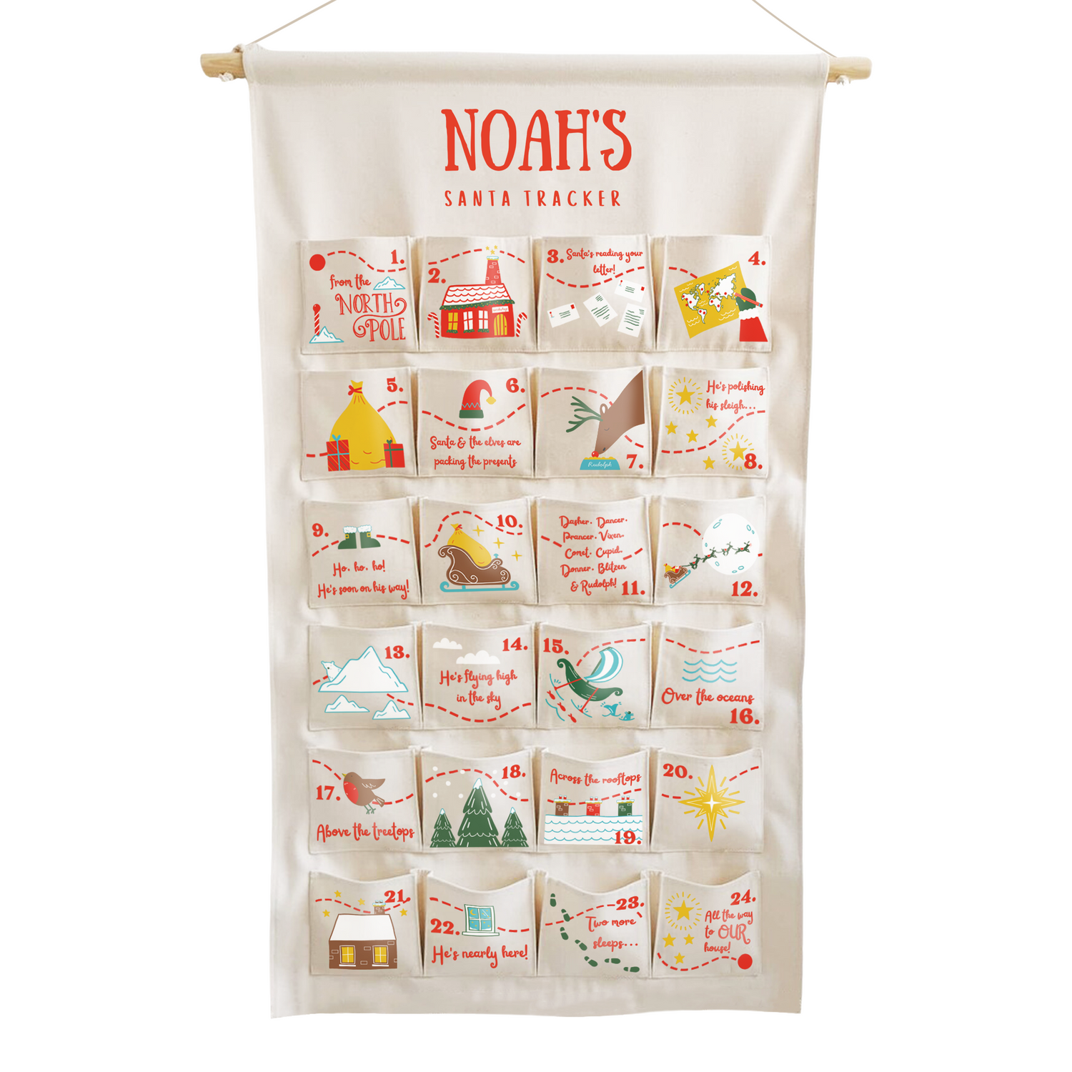 Personalised Santa Tracker advent calendar made from reusable fabric with 24 fillable pockets.