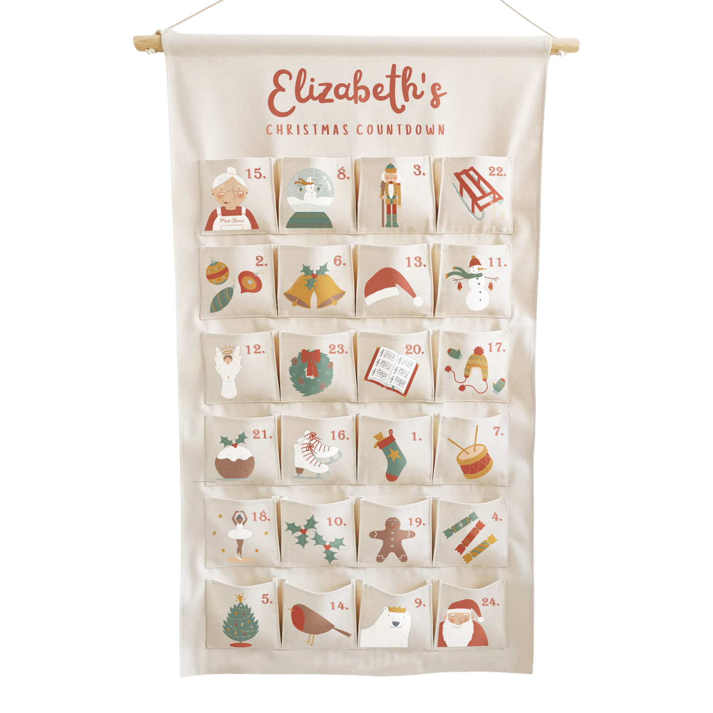 Personalised fabric Christmas advent calendar with family name embroidered