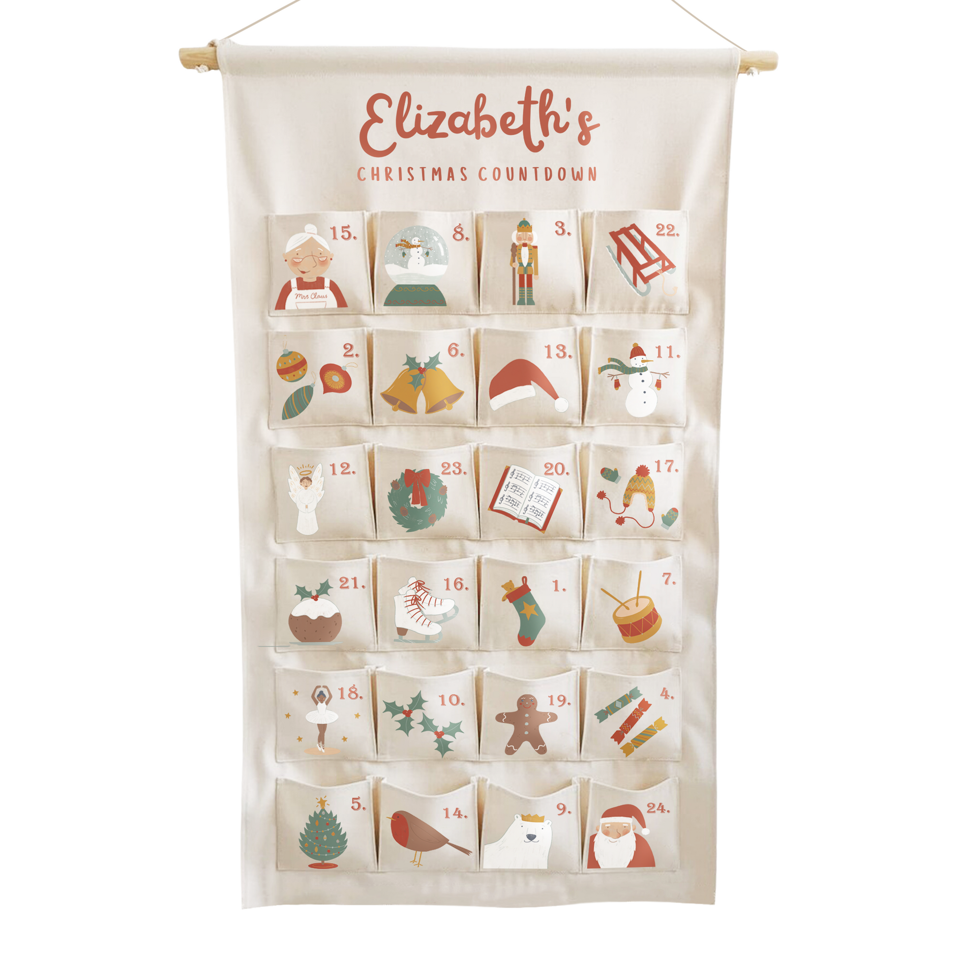Personalised fabric Christmas advent calendar with family name embroidered
