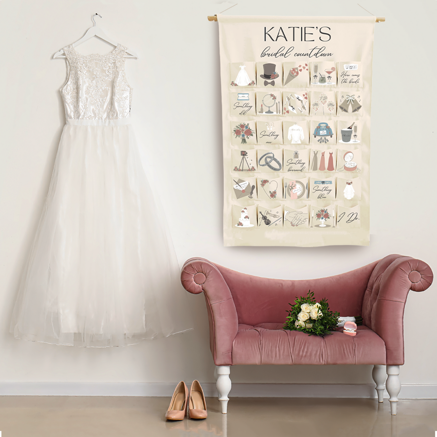 Personalised wedding countdown advent calendar with bride and groom names