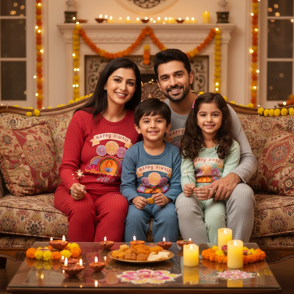 Personalised Happy Diwali Ribbed Lounge Set - Kids & Adults - Matching Family Spiritual Pyjamas - Fireworks Design