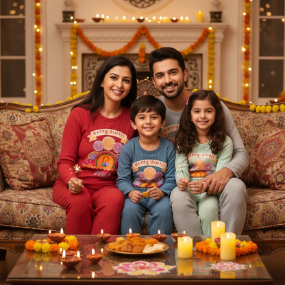 Personalised Happy Diwali Ribbed Lounge Set - Kids & Adults - Matching Family Spiritual Pyjamas - Fireworks Design