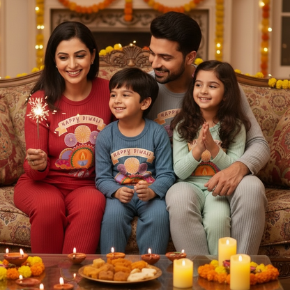 Personalised Happy Diwali Ribbed Lounge Set - Kids & Adults - Matching Family Spiritual Pyjamas - Fireworks Design