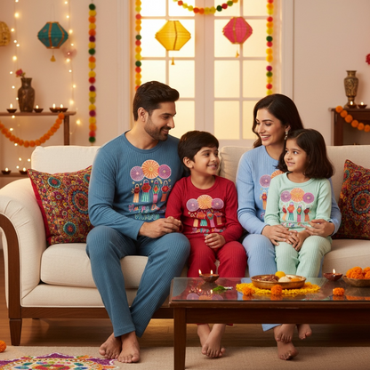 Personalised Happy Diwali Ribbed Lounge Set - Kids & Adults - Matching Family Spiritual Pyjamas - Lanterns Design
