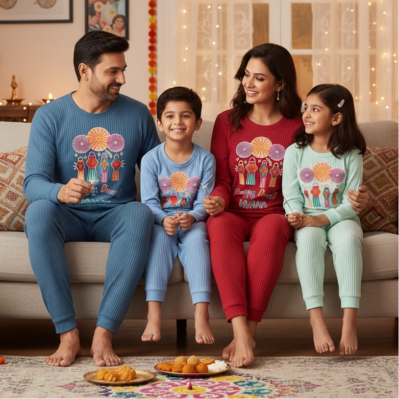 Personalised Happy Diwali Ribbed Lounge Set - Kids & Adults - Matching Family Spiritual Pyjamas - Lanterns Design
