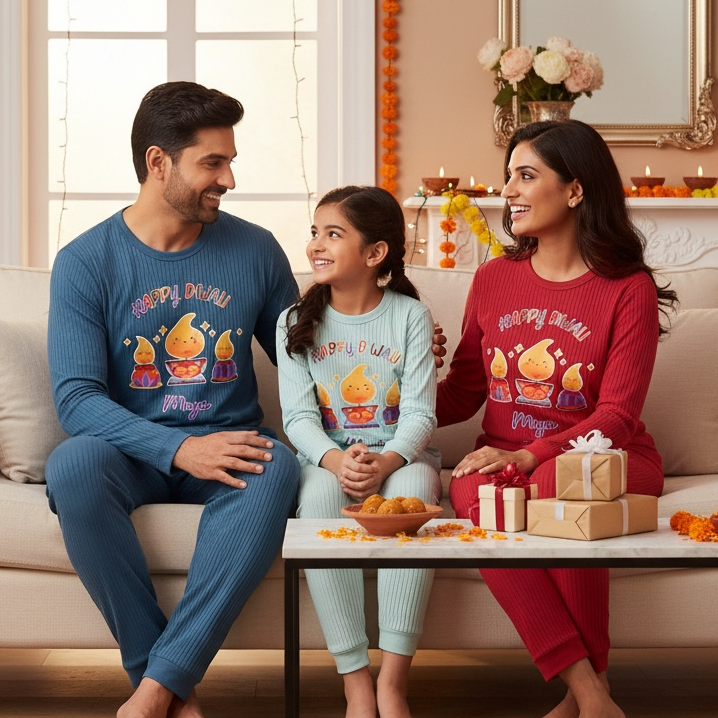 Personalised Happy Diwali Ribbed Lounge Set - Kids & Adults - Matching Family Spiritual Pyjamas - Diya Design